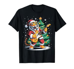 Christmas Tiger Playing Guitar Music Santa Hat Xmas Lights T-Shirt