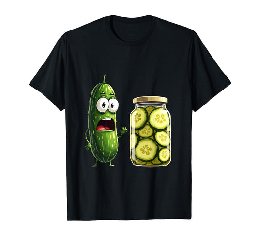 Surprised Pickle and Jar of Pickles Cartoon T-Shirt