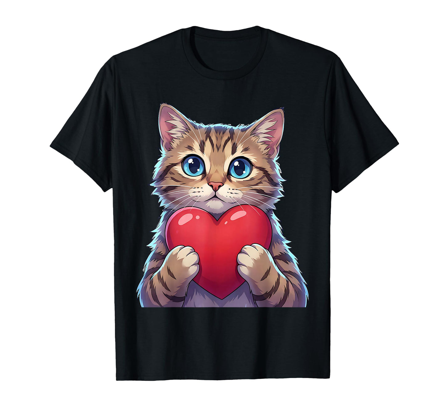 Cute Cat Holding Heart Sweet Love Valentine Illustration T-Shirt