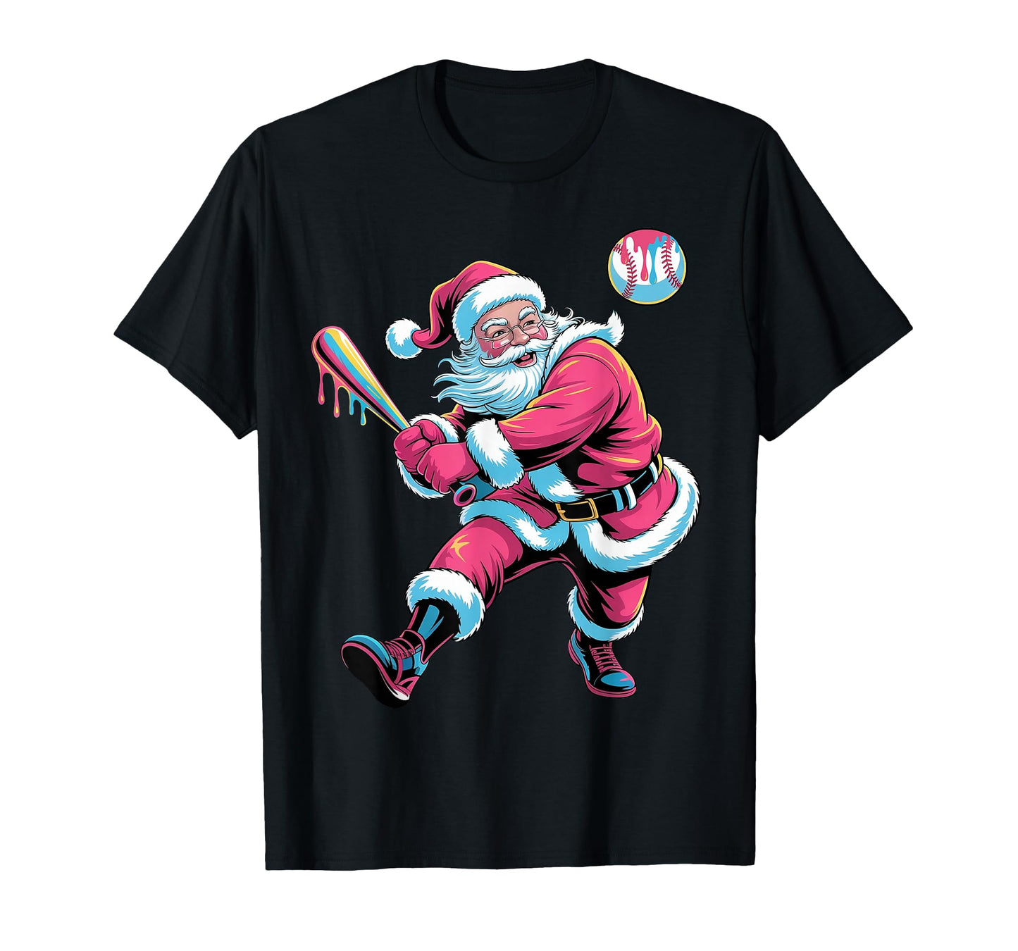 Christmas Baseball Santa Claus Batter Baseball Drip Xmas T-Shirt