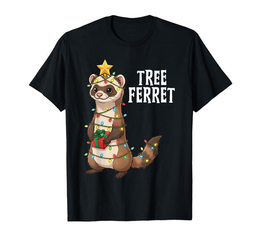 Cute Tree Ferret Christmas Lights Holiday Design T-Shirt