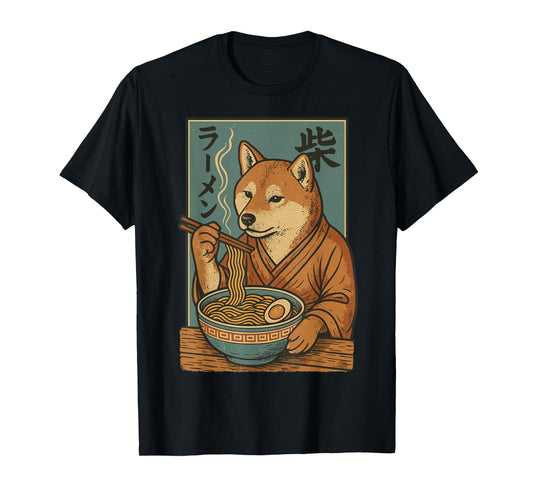 Shiba Inu Dog Eating Ramen Noodles Funny Vintage Japanese T-Shirt