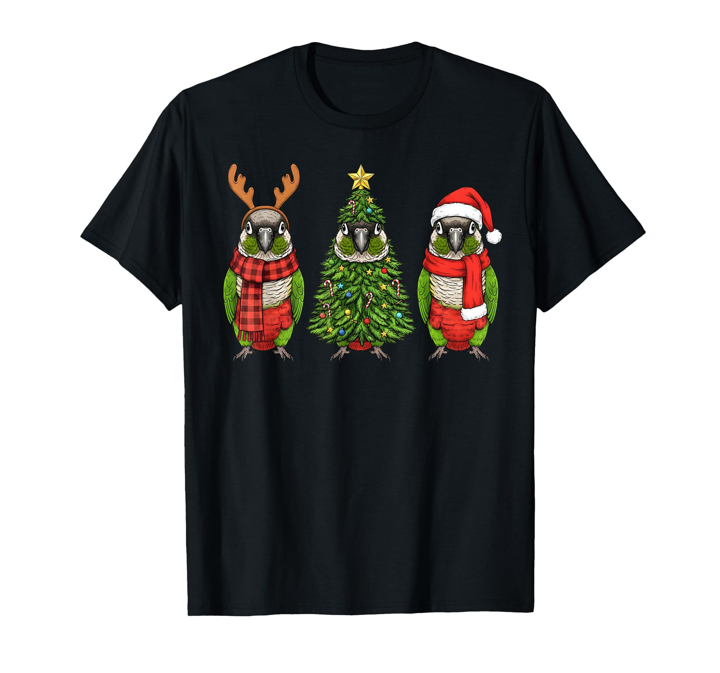 Retro Christmas Green Cheek Conure Parrot Santa Reindeer T-Shirt