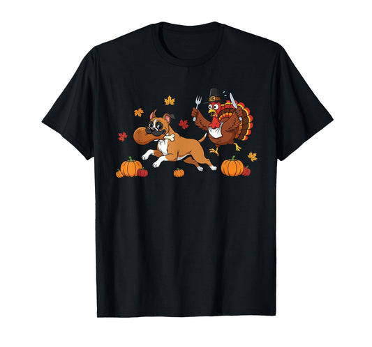 Funny Boxer Dog Turkey Autumn Thanksgiving Womens Mens Kids T-Shirt