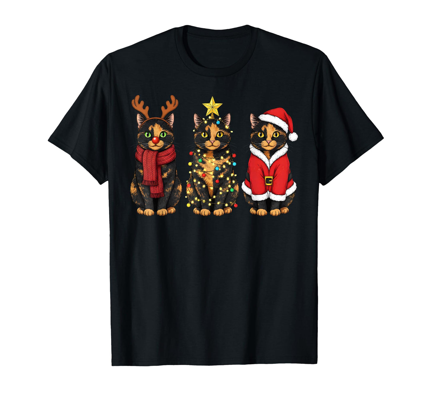 Retro Christmas Tortoiseshell Cat Santa Reindeer T-Shirt