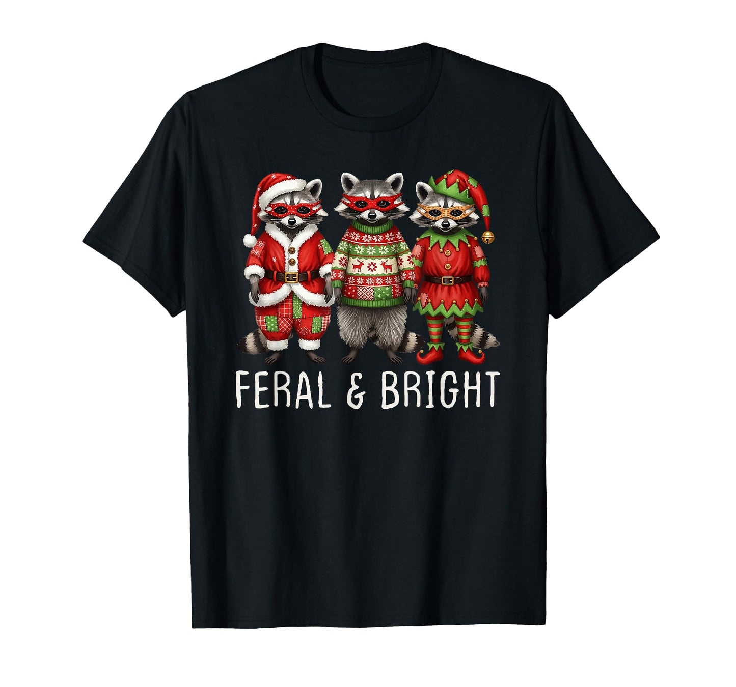 Feral and Bright Raccoon Santa Christmas Holiday Trio Racoon T-Shirt