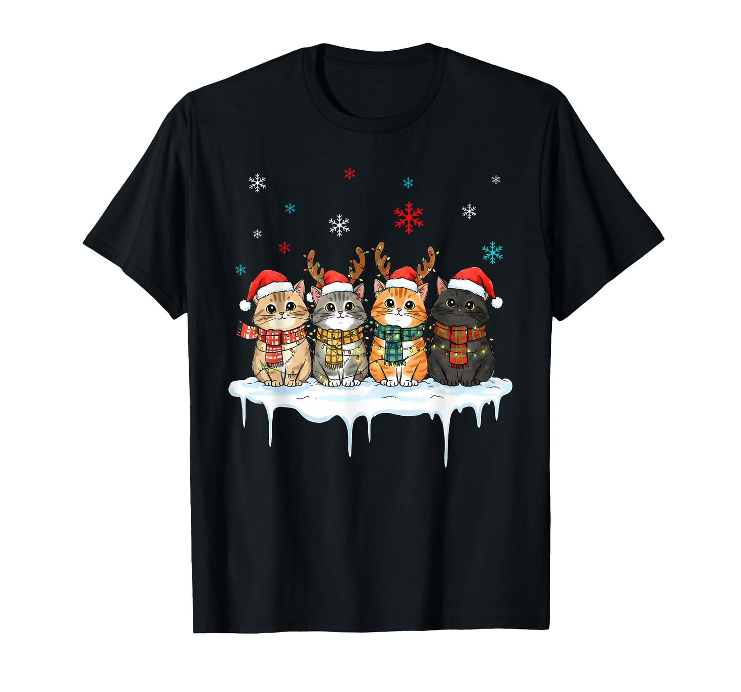 Cute Christmas Cats Lights Santa Hats Xmas Matching Family T-Shirt