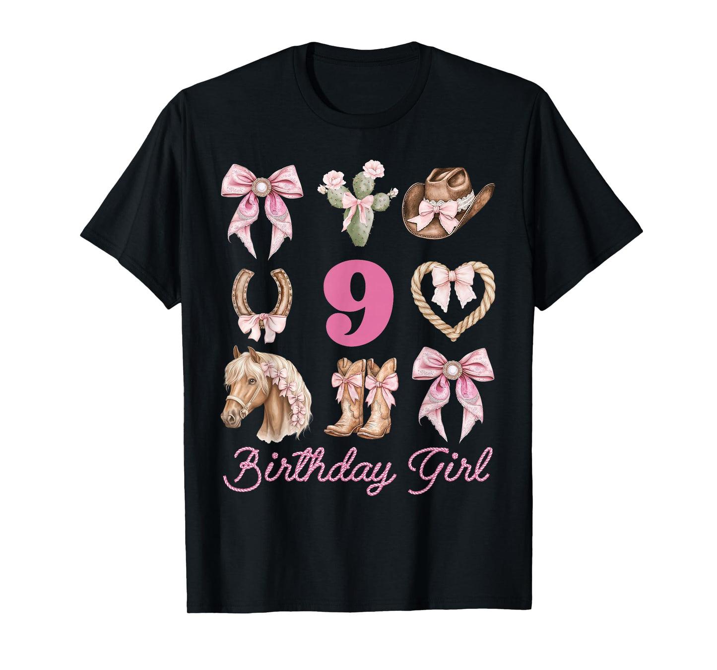 Western Coquette Bow 9th Birthday Girl Cowgirl 9 Year Old T-Shirt