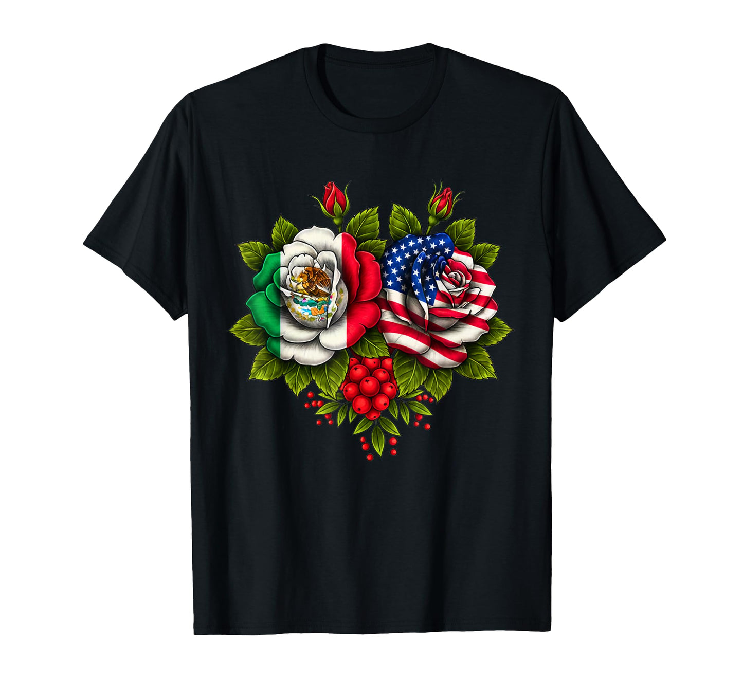 Mexico Mexican Roots Mexican Flag American Flag Rose Flower T-Shirt