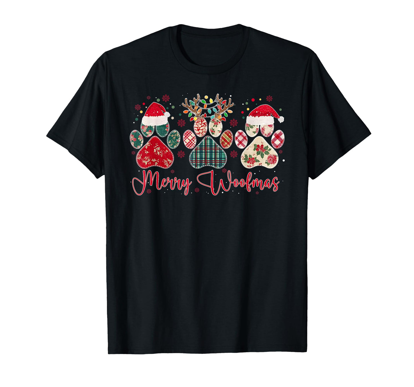 Merry Woofmas Christmas Dog Paws Buffalo Plaid Xmas Lights T-Shirt