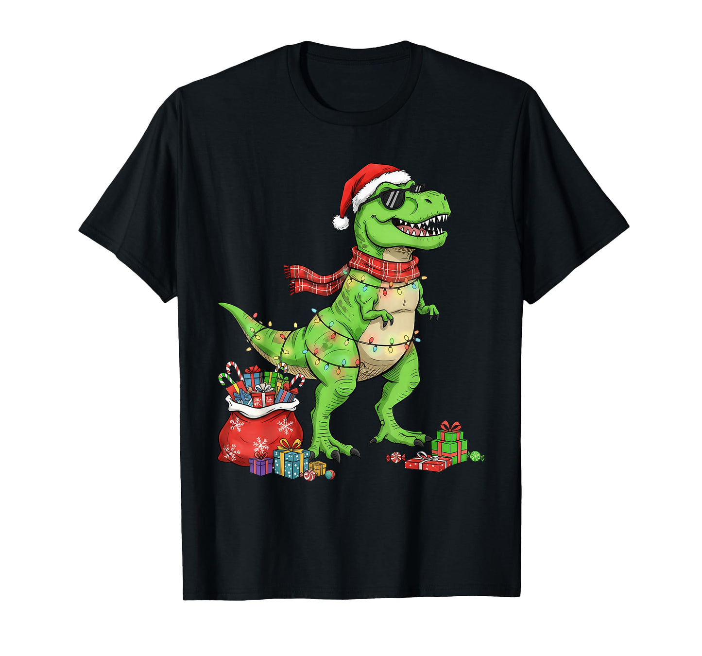 Tree T Rex Santa Hat Funny Christmas Lights Kids Boys Xmas T-Shirt