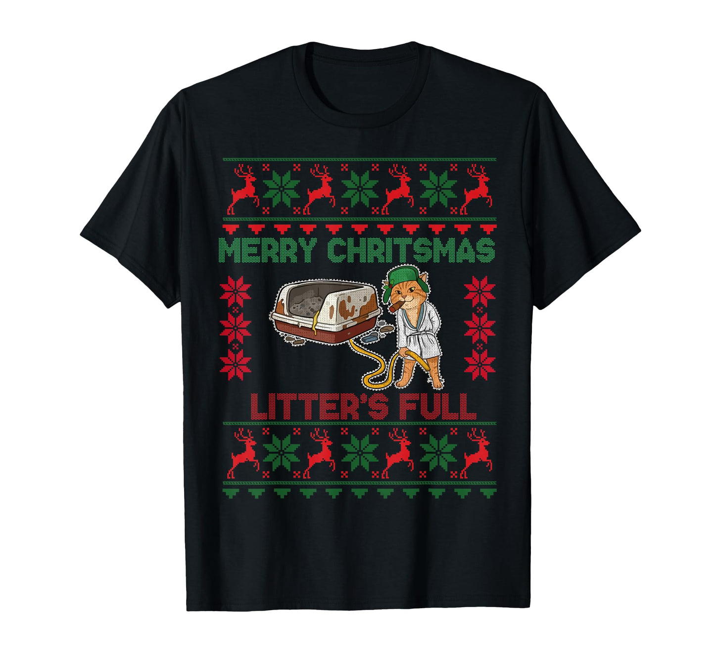Litter's Full Merry Christmas Funny Cat Lover Ugly Christmas T-Shirt