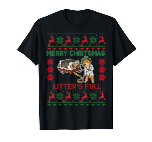 Litter's Full Merry Christmas Funny Cat Lover Ugly Christmas T-Shirt