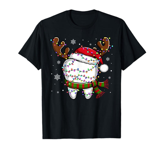Funny Reindeer Christmas Lights Teeth Dental Hygiene Nurse T-Shirt