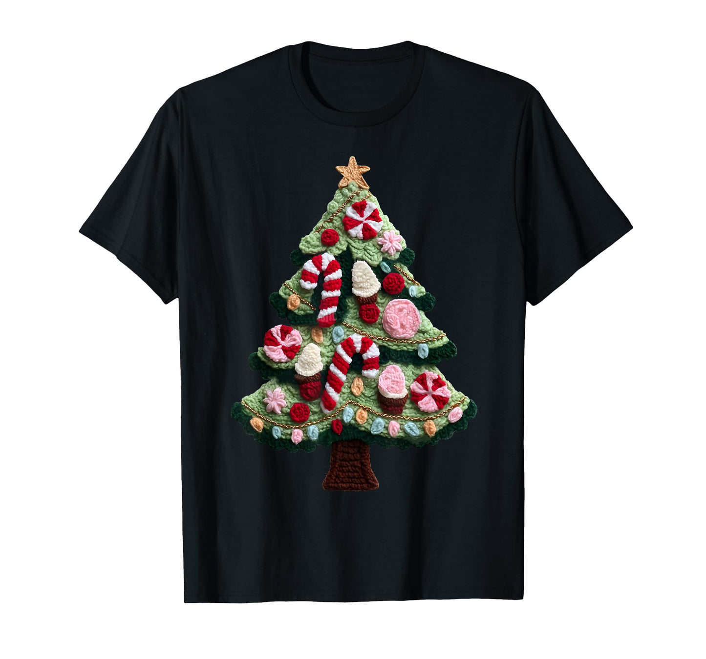 Crochet Candy Christmas Tree Funny Holiday Ugly Sweater Tee T-Shirt