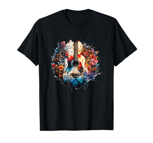 Acoustic Guitar with Dripping Paint and Flowers T-Shirt