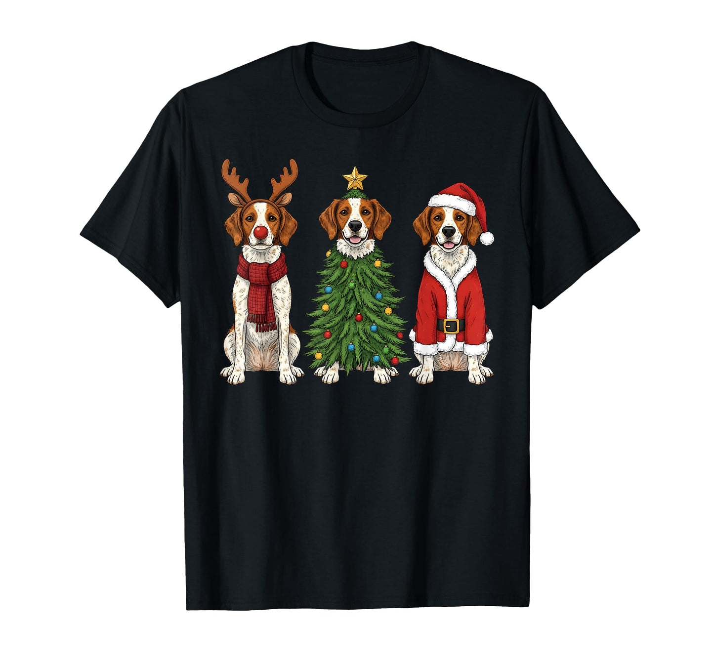 Retro Christmas Brittany Spaniel Santa Reindeer Dog Lover T-Shirt