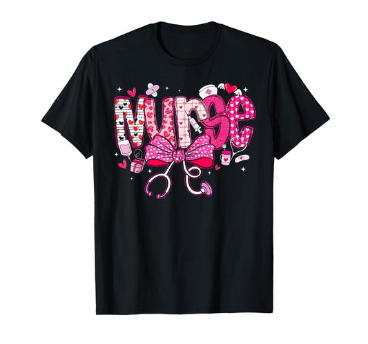 Valentine Nurse Coquette Bow Hearts Stethoscope Girl Women T-Shirt