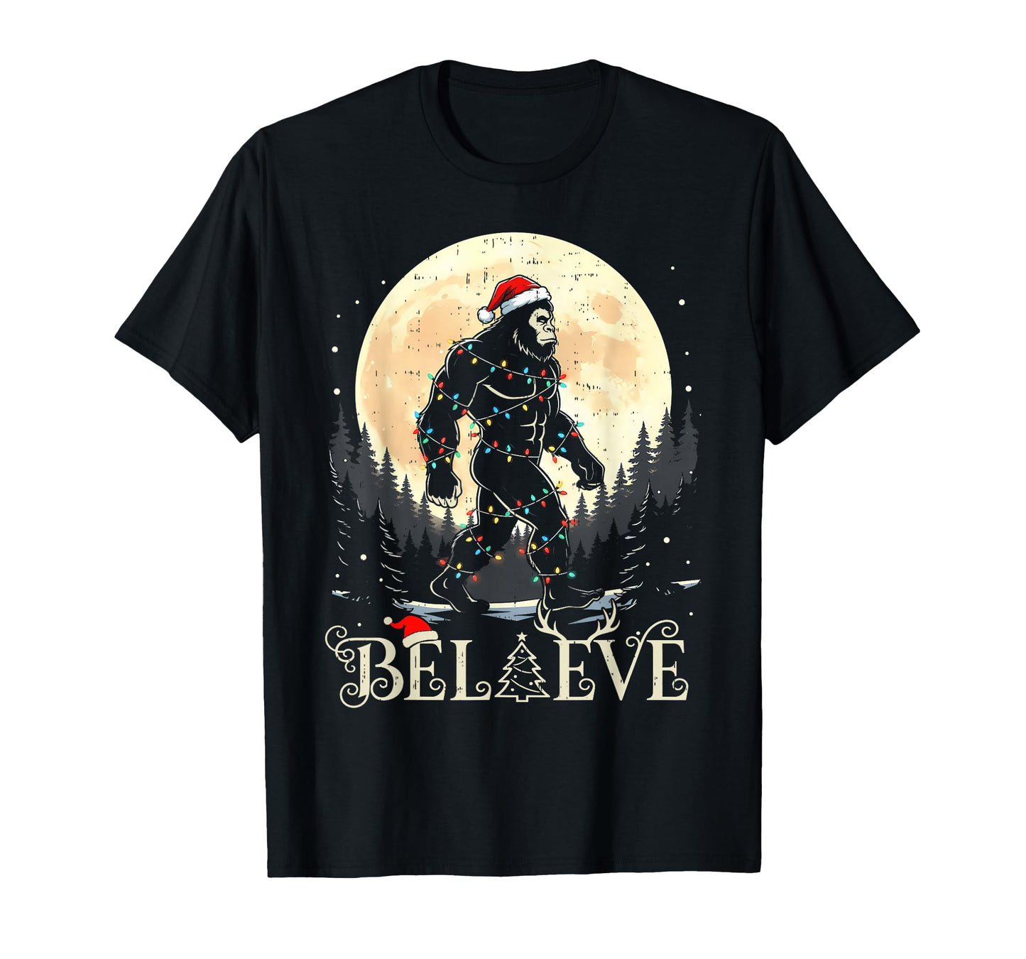 Sasquatch Santa Christmas Tree Lights Funny Xmas Boys Men T-Shirt