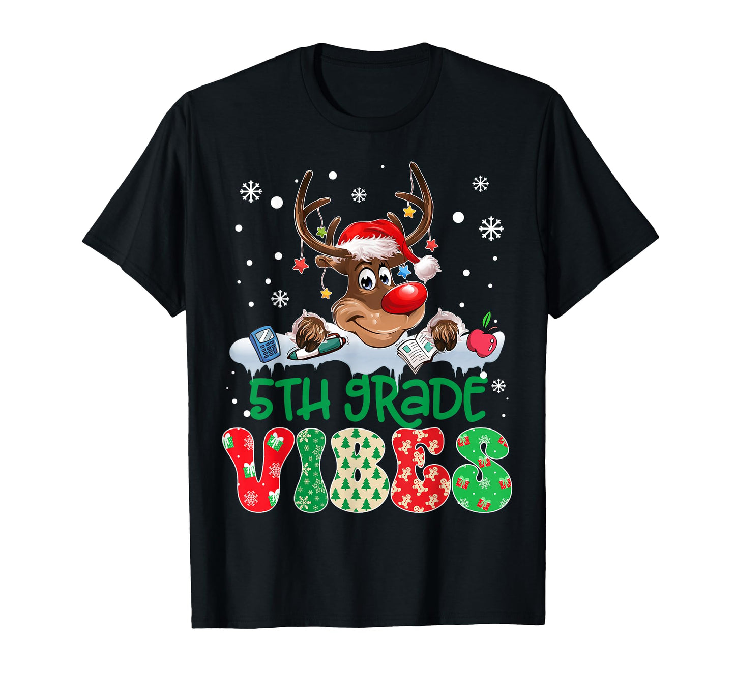 Reindeer Santa Hat 5th Grade Vibes Teacher Christmas Kids T-Shirt