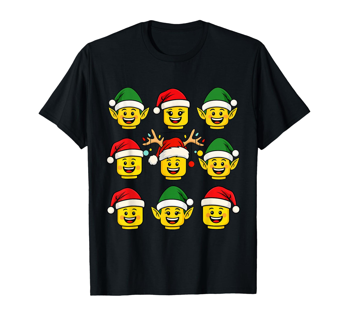 Christmas Building Bricks Santa Elf Reindeer Heads Block T-Shirt