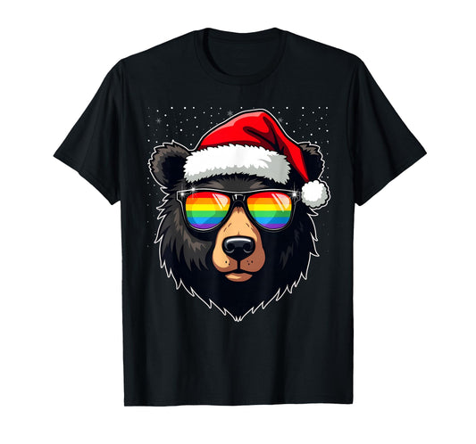 Mens Bear Gay Christmas Santa Hat Rainbow Sunglasses T-Shirt