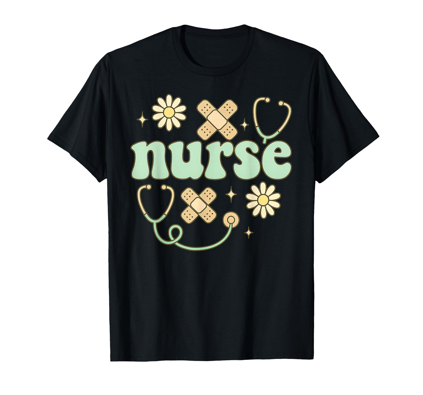 Retro Nurse Daisy Bandage Stethoscope Medical Art T-Shirt