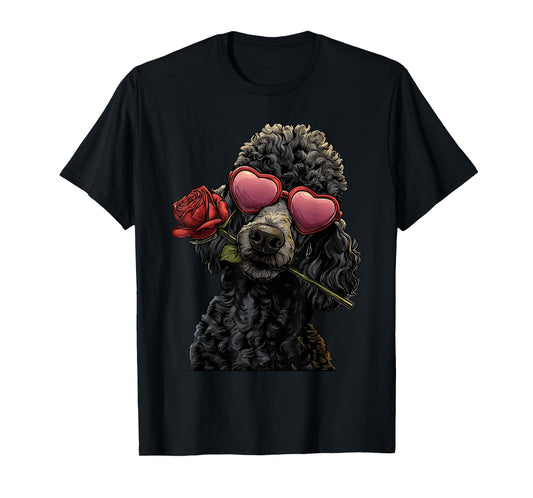 Cute Poodle with Heart Glasses Rose Valentine's Day Dog T-Shirt