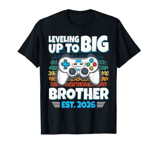 Leveling up to Big Brother est 2026 Gamer Boys Gaming Kids T-Shirt