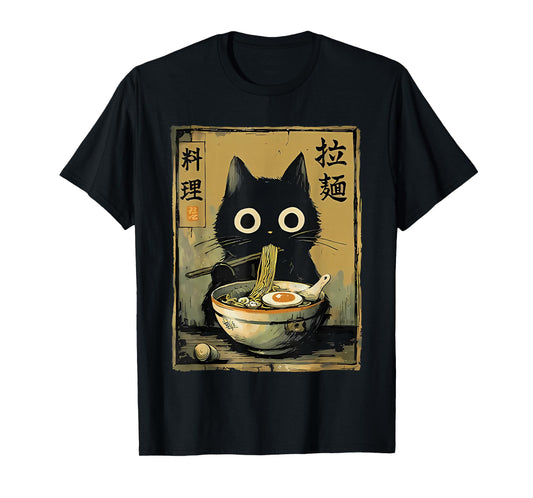Cute Black cat Eating Ramen Japan T-Shirt