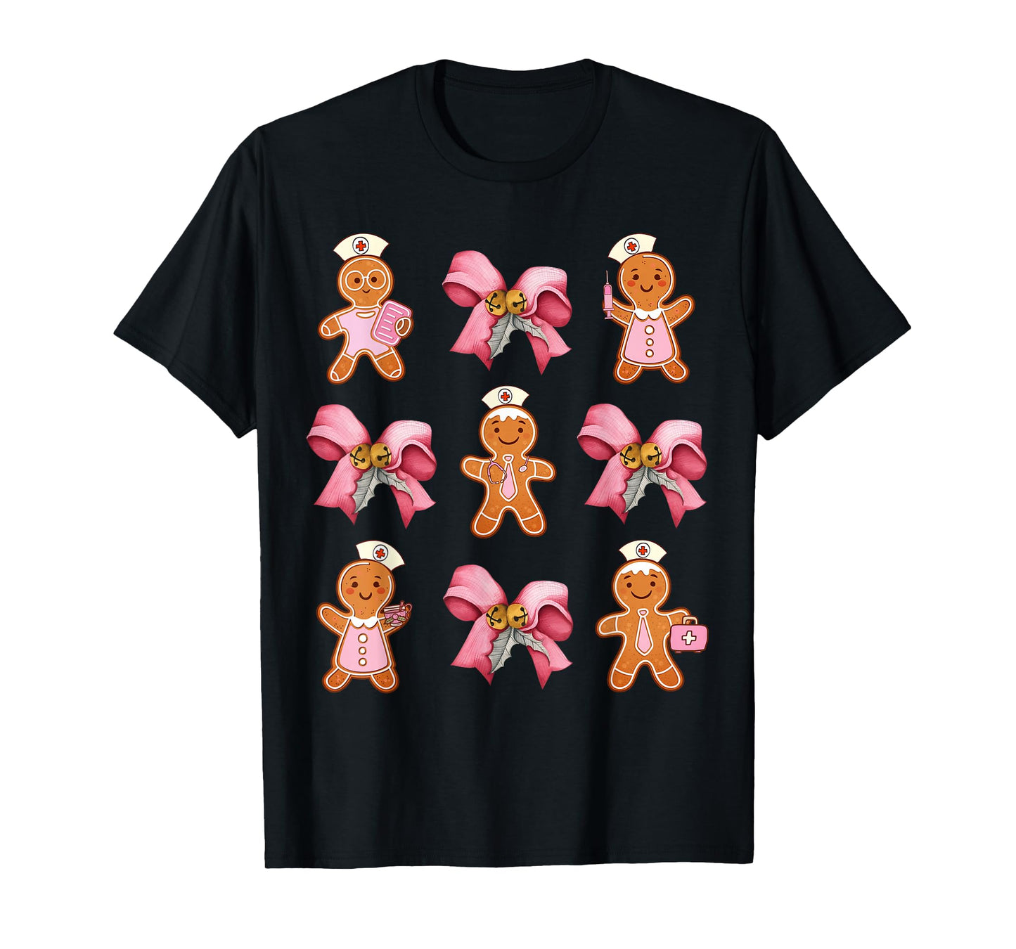 Pink Nurse Gingerbread Christmas Coquette Bows Nursing Pjs T-Shirt