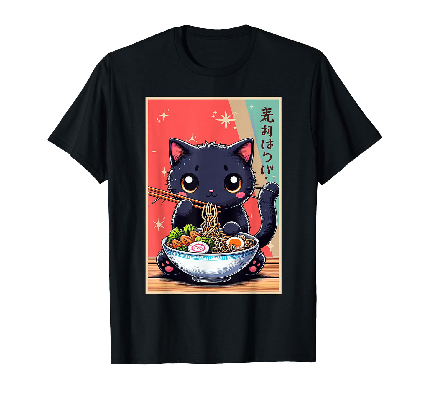 Cat Eating Ramen Noodles Anime Girls Funny Kawaii Cat Lover T-Shirt