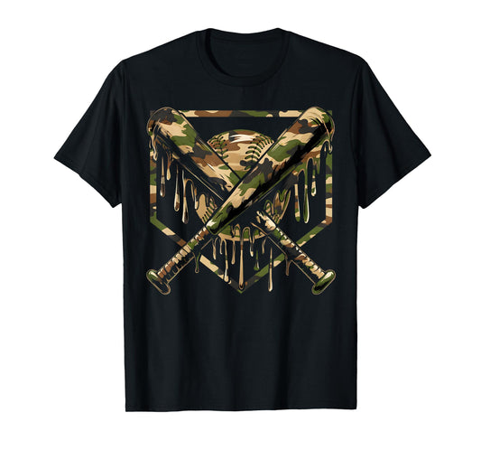 Baseball Drip Ice Cream Camo Home Plate Bats Sports Game Day T-Shirt
