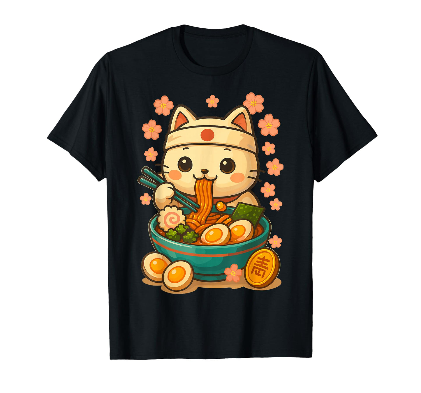 Lucky Maneki Neko Cat with Ramen Bowl T-Shirt