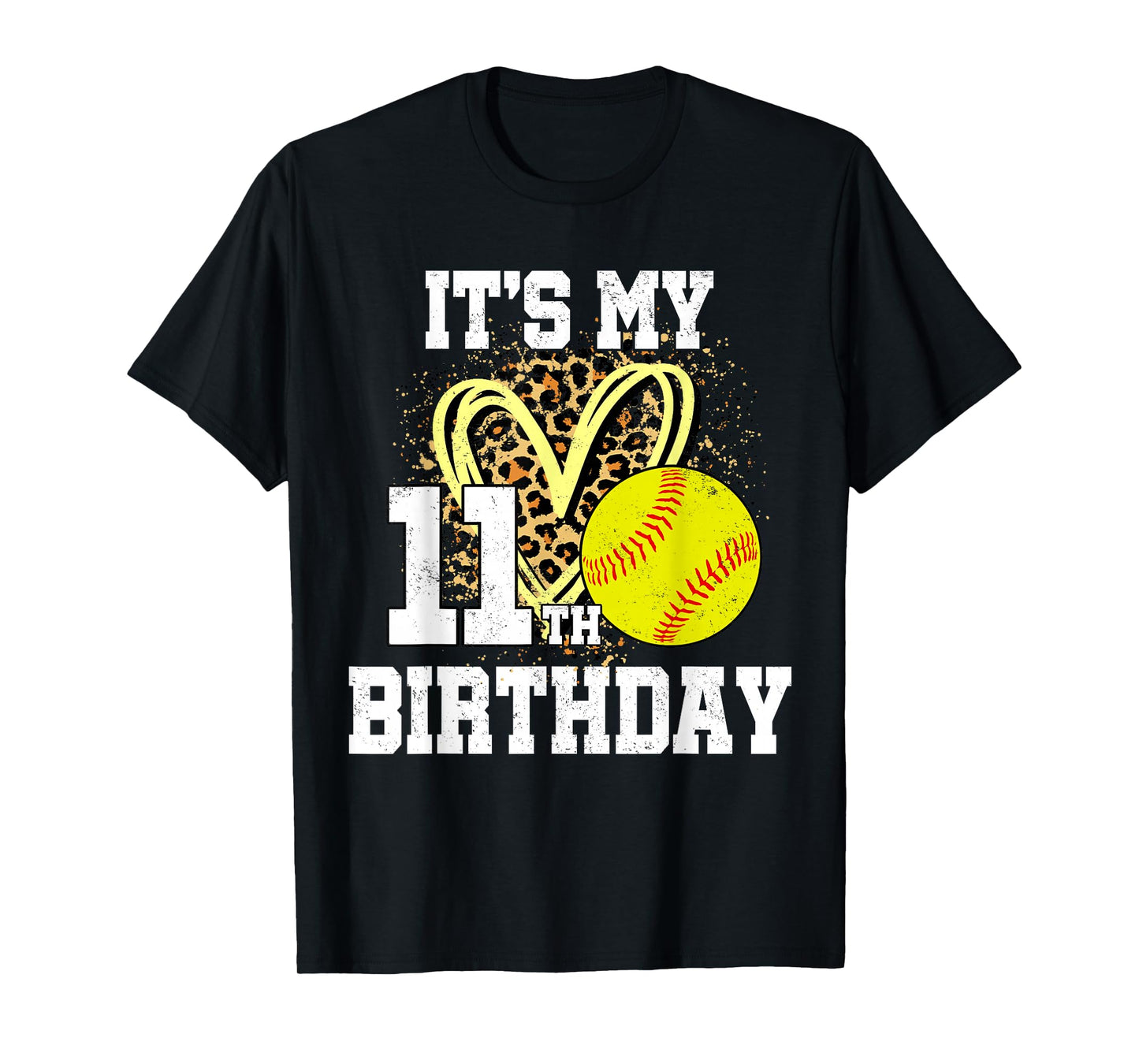 It's My 11th Birthday Softball Leopard 11 Year Old Birthday T-Shirt