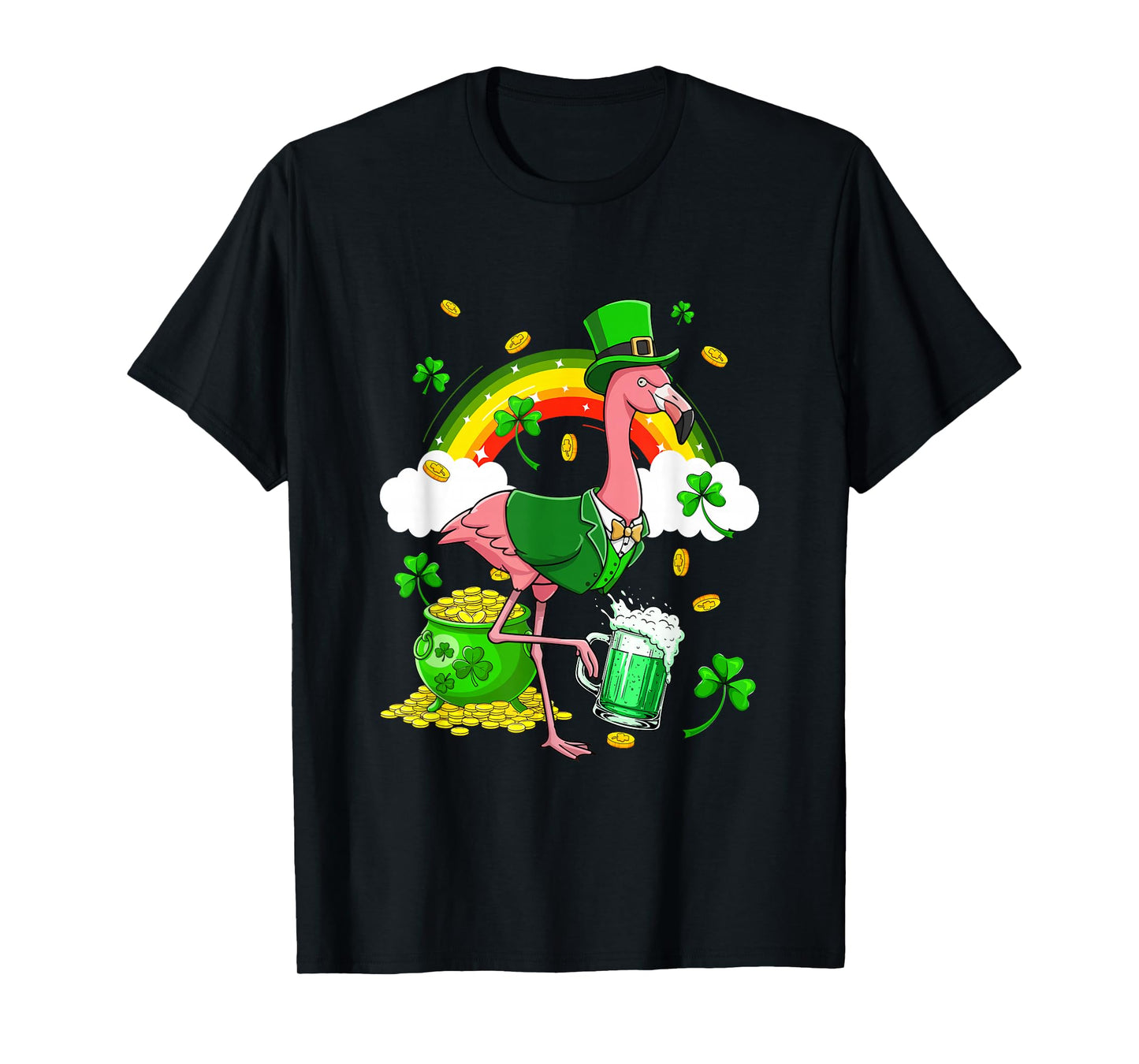 Flamingo Sunglasses Drinking Beer St. Patrick's Day Rainbow T-Shirt