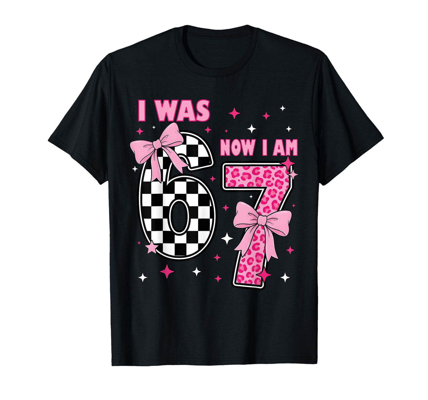 I was 6 Now I Am 7 Coquette Checkered Leopard Birthday Girl T-Shirt