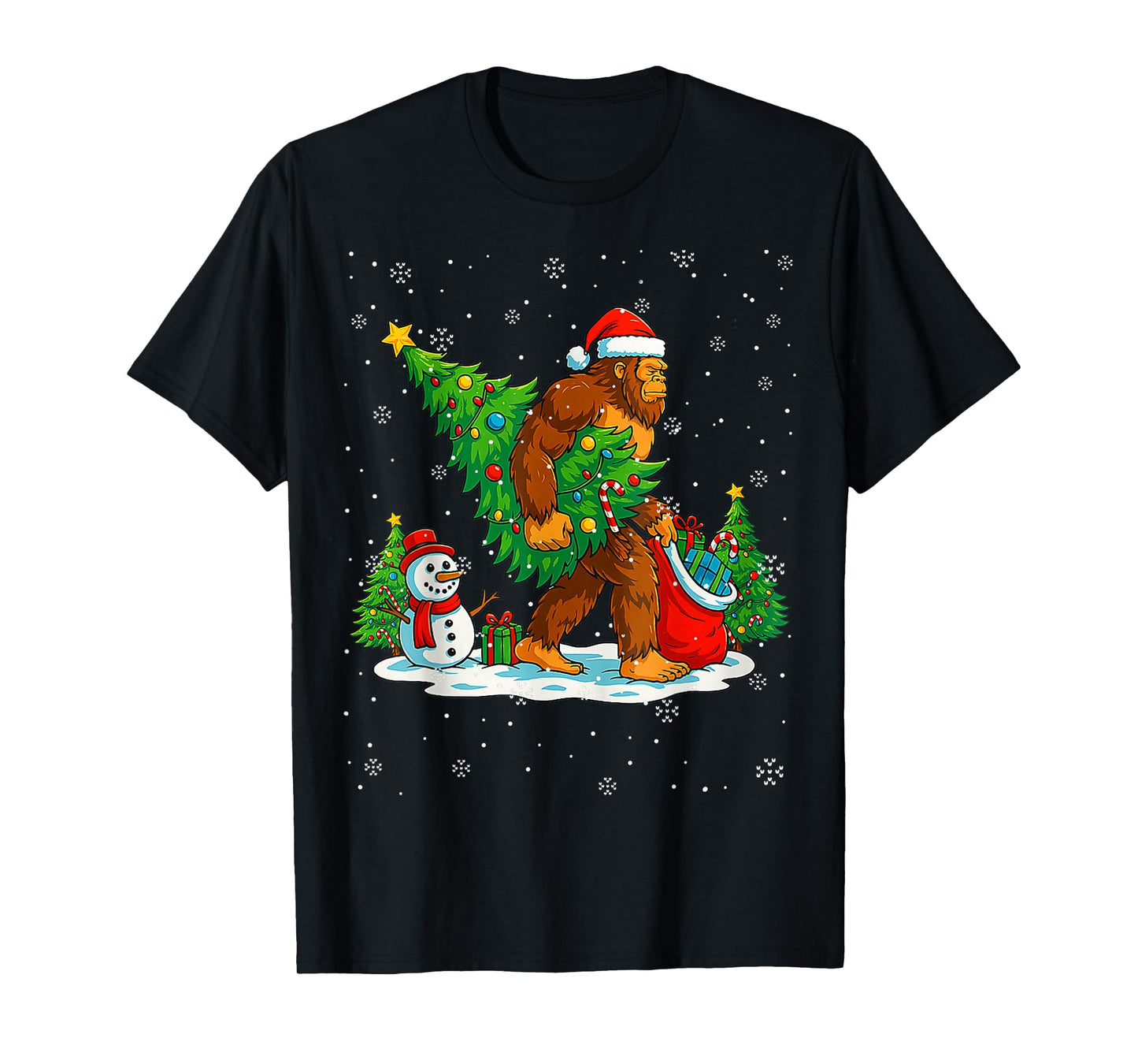 Santa Bigfoot Christmas Tree Xmas Lights Funny Sasquatch Men T-Shirt