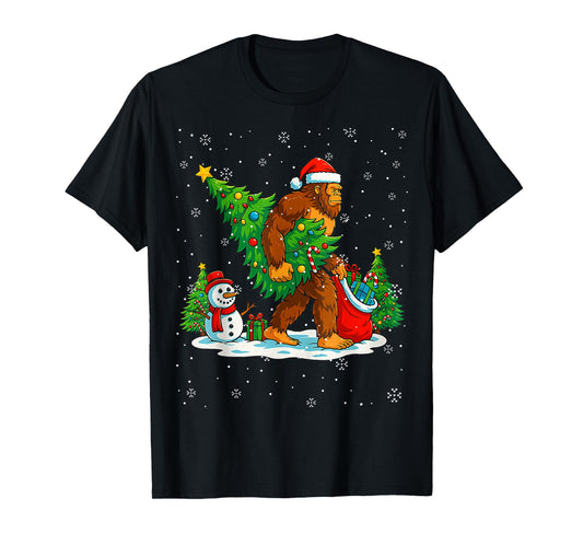 Santa Bigfoot Christmas Tree Xmas Lights Funny Sasquatch Men T-Shirt
