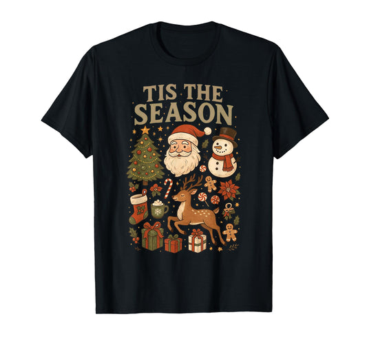 Retro Funny Santa Tis The Season Christmas Doodles Snowman T-Shirt