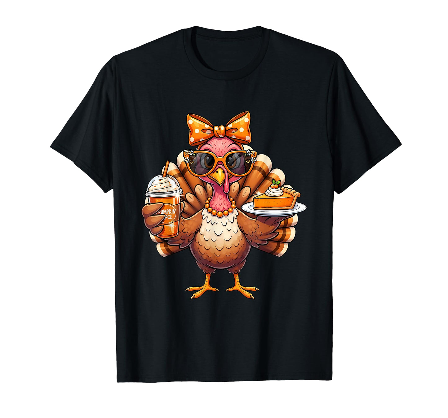 Turkey Drinking Coffee Bow Thanksgiving Womens Turkey Day T-Shirt