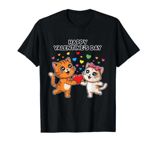 Happy Valentine’s Day Cute Cats Love Heart Cartoon T-Shirt