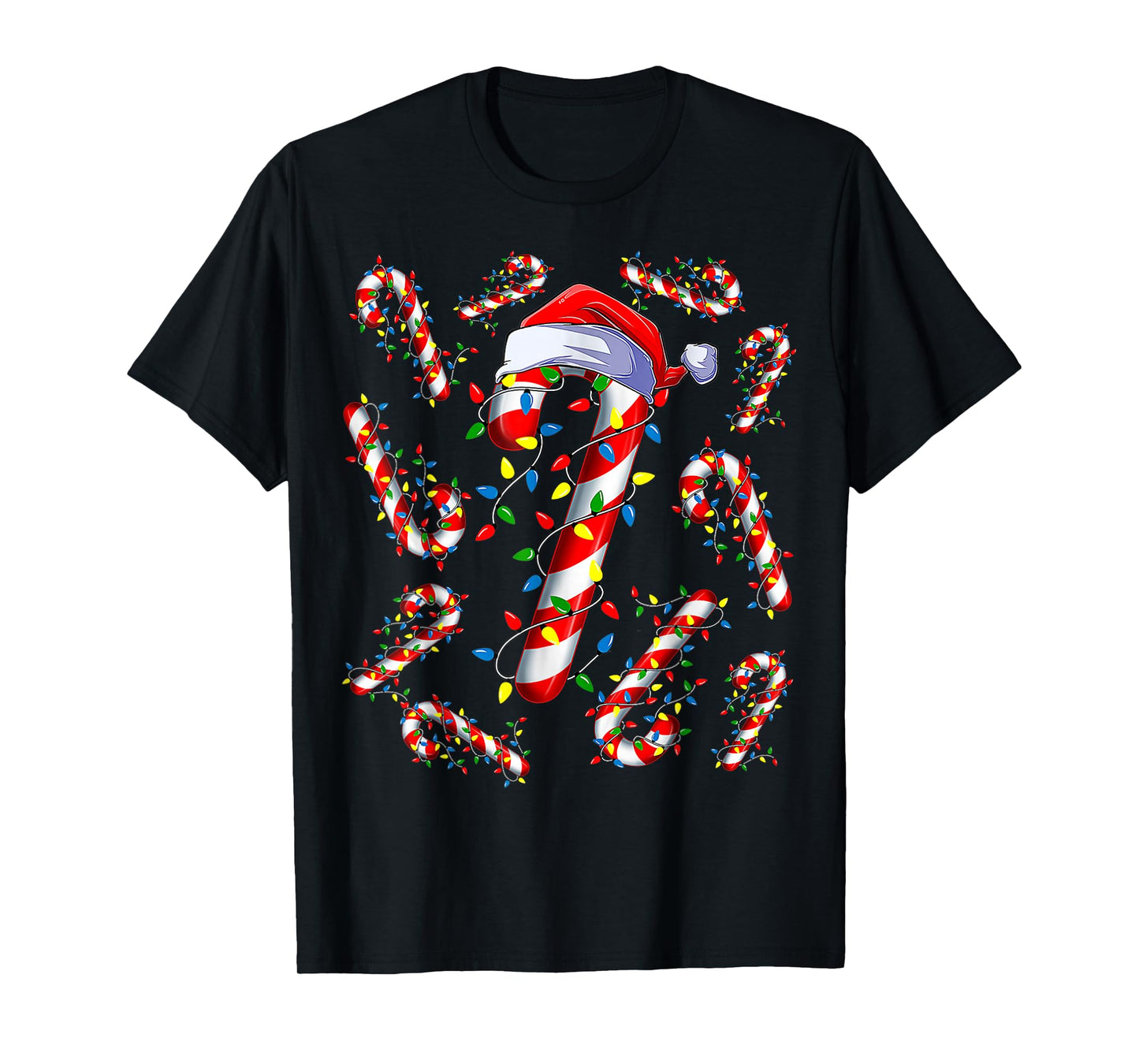 Red and White Candy Cane Santa Christmas Funny Xmas Lights T-Shirt
