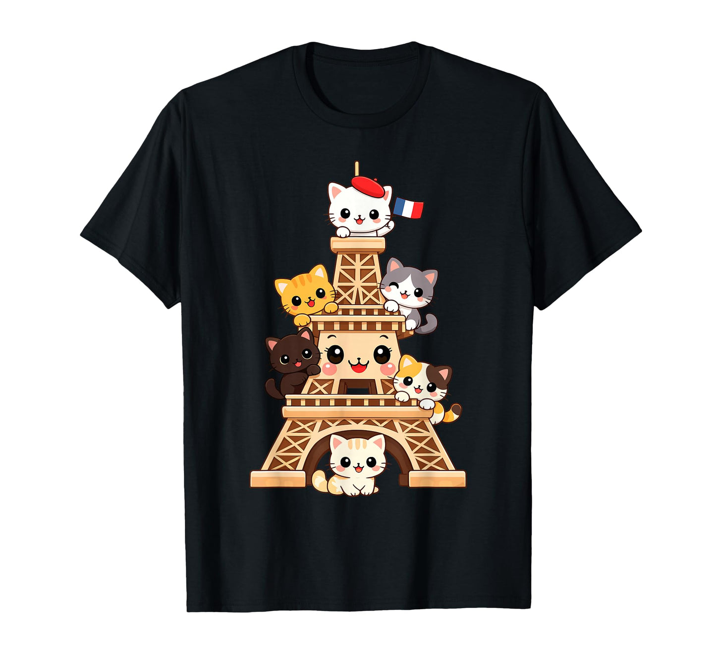 Meowffel Tower Cute Kawaii Paris Cat Cartoon Funny Cat Art T-Shirt
