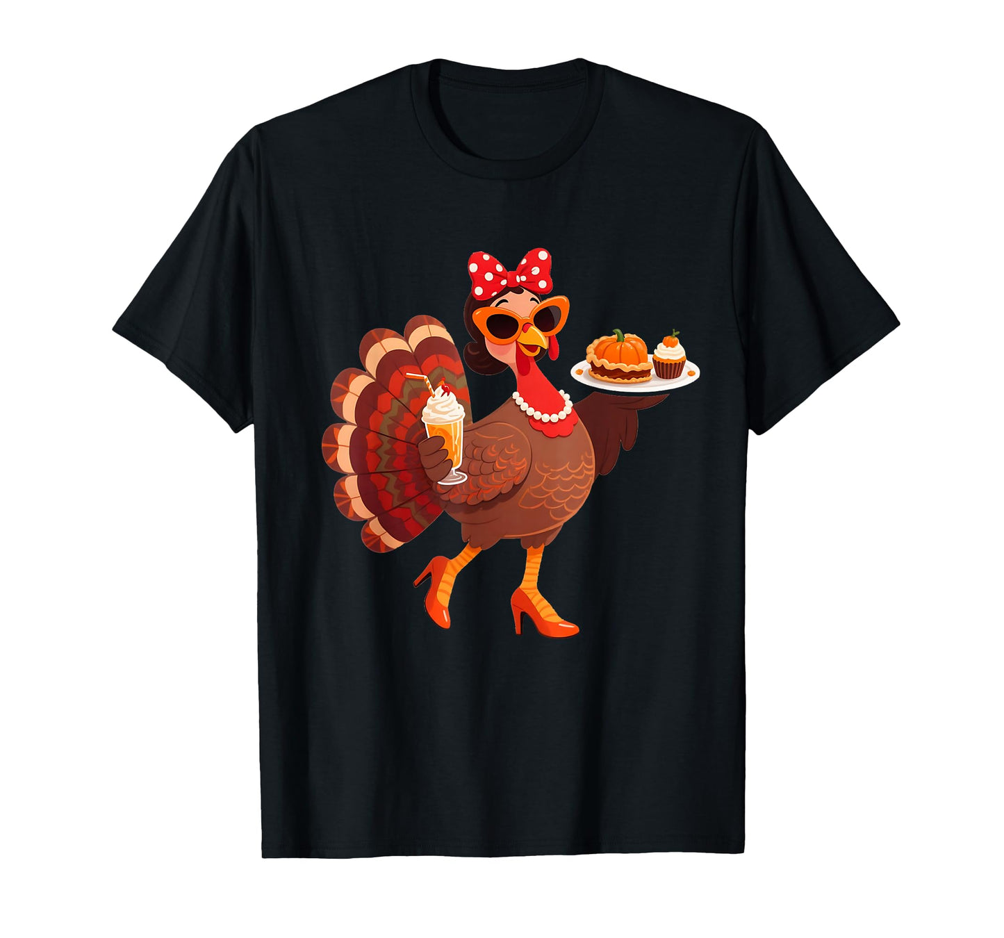 Funny Thanksgiving Lady Turkey Bow Drinking Coffee with Pie T-Shirt
