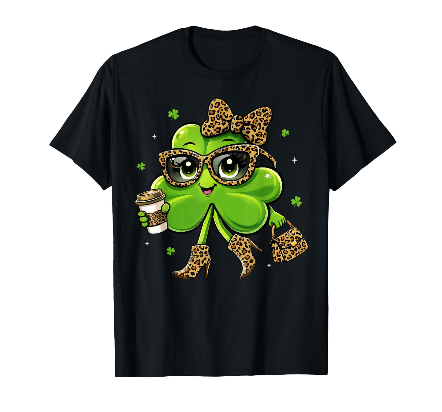 Leopard Shamrock Drinking Coffee St Patricks Day Women Girls T-Shirt