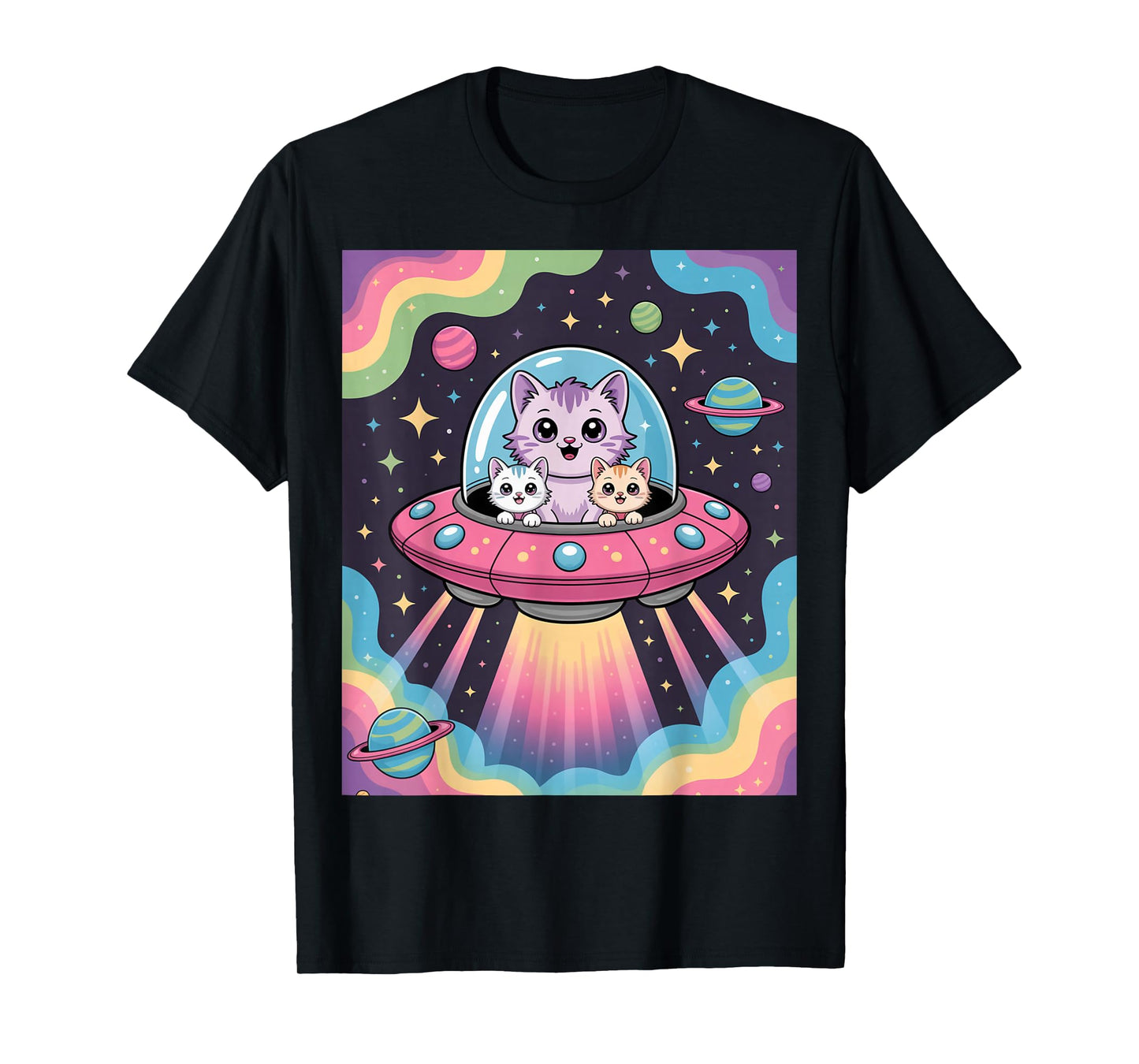 Pastel Alien Cats in Spaceship Floating Among Stars T-Shirt