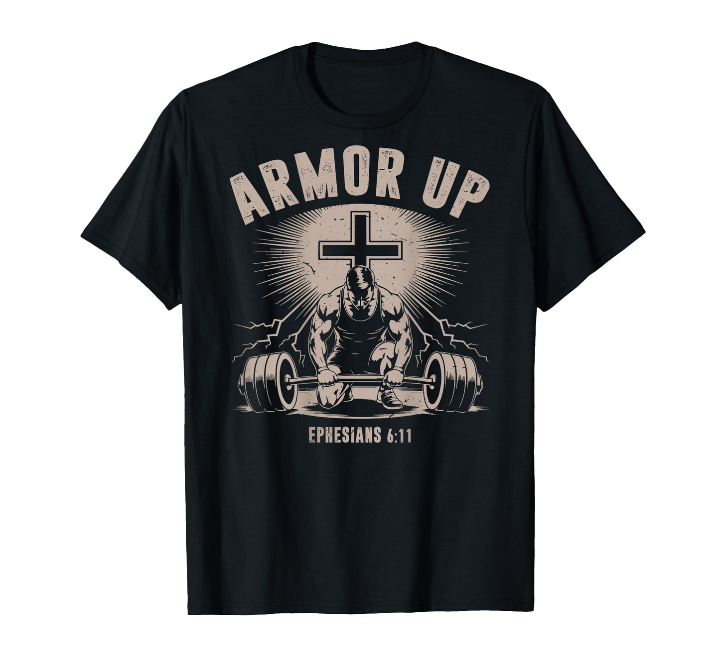 Mens Armor Up Christian Workout Gym Jesus Dumbbell Cross Dad T-Shirt
