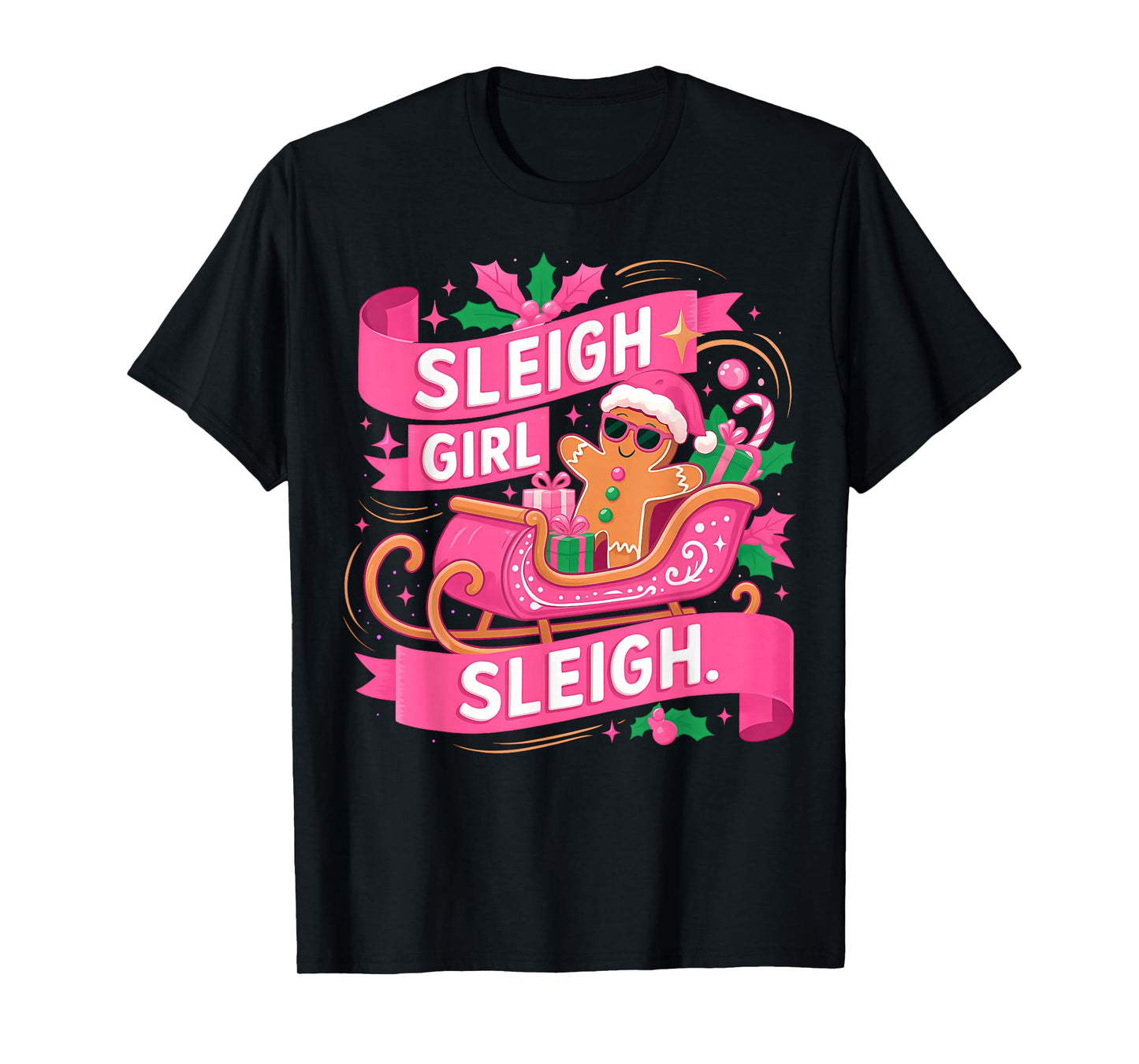 Gingerbread Sleigh Girl Pink Funny Christmas Women Girls T-Shirt