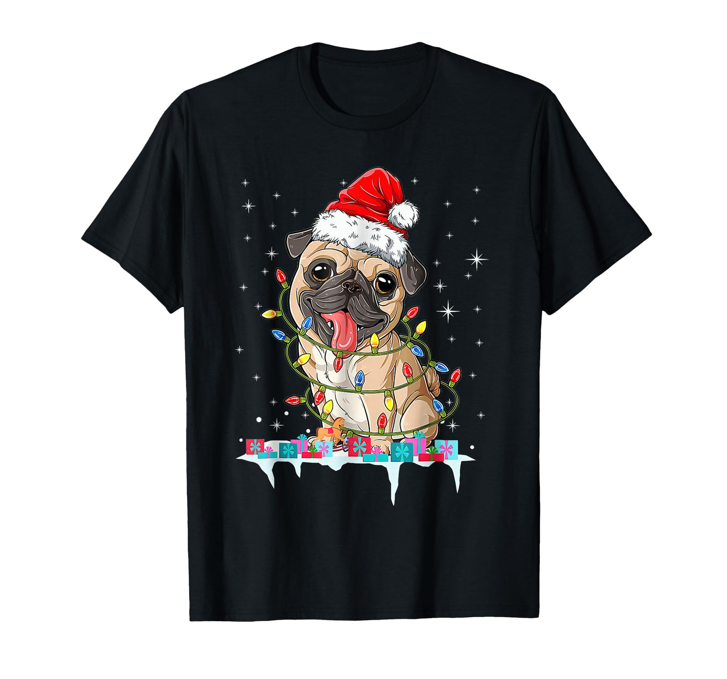 Pug Christmas Tree Lights Santa Dog Xmas T-Shirt